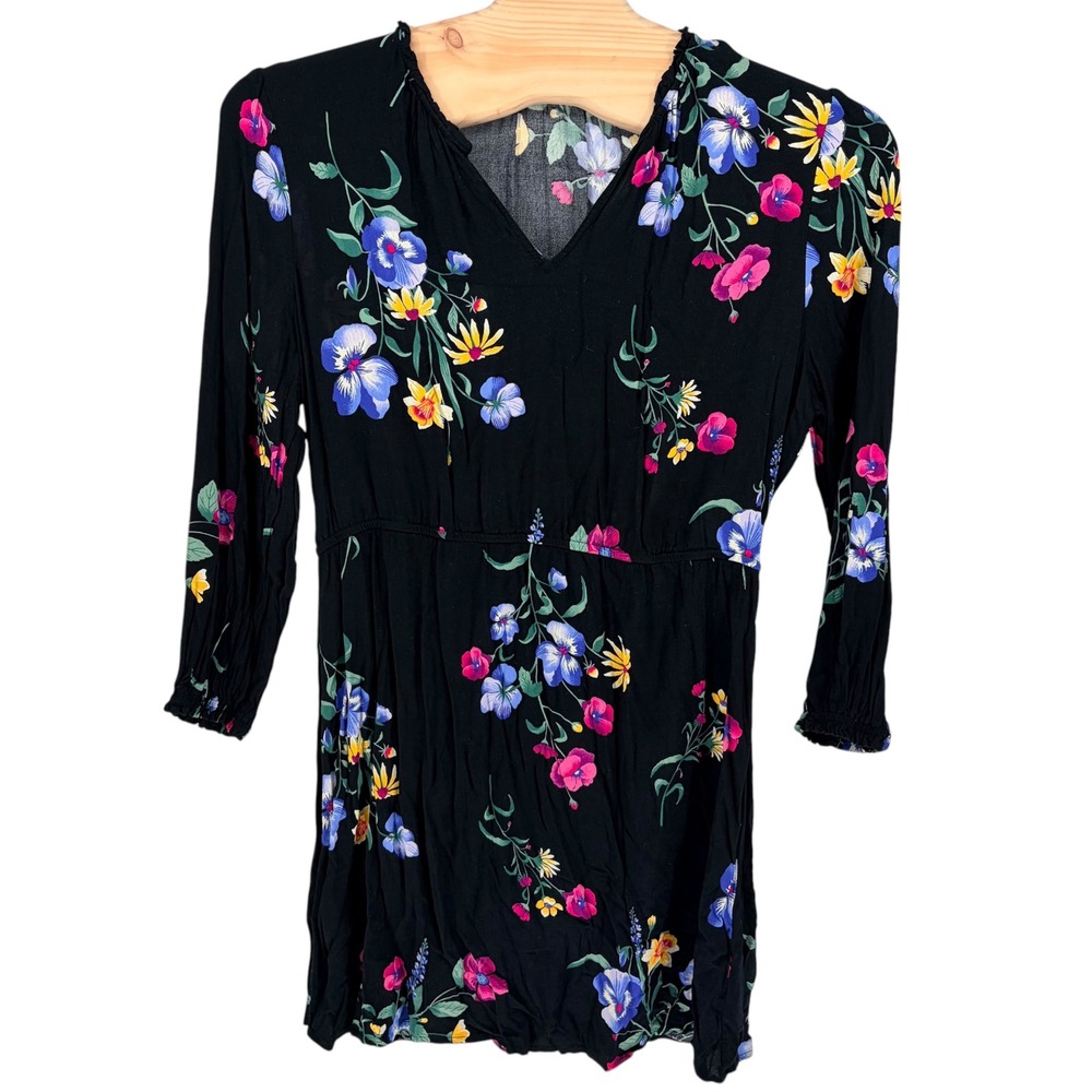 Old Navy Floral Dress XL Black V-Neck Ruffle 3/4 Sleeve Boho Empire Waist